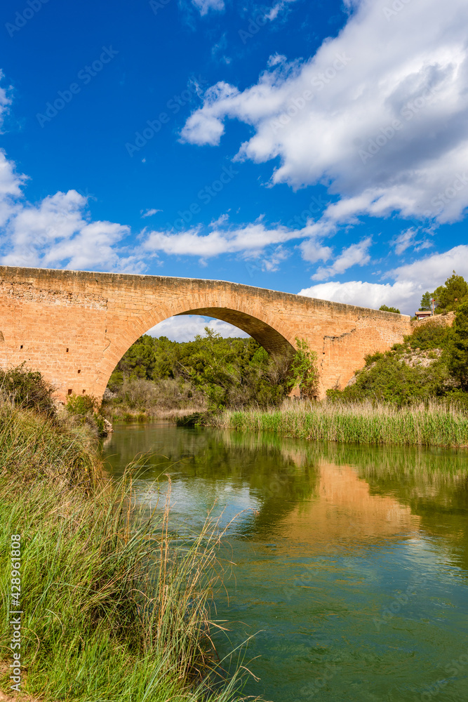 Antique one arch stone bridge over a river the Hoces del Rio Cabriel Natural Park between Valencia and Cuenca in Spain. Protected Area. 