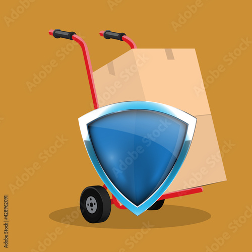 Cardboard box on hand truck and protection shield. Safety shipment concept. Vector illustration.