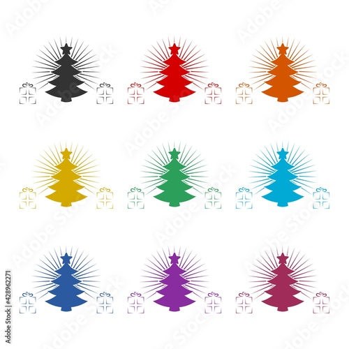 Christmas tree and gifts icon isolated on white background color set