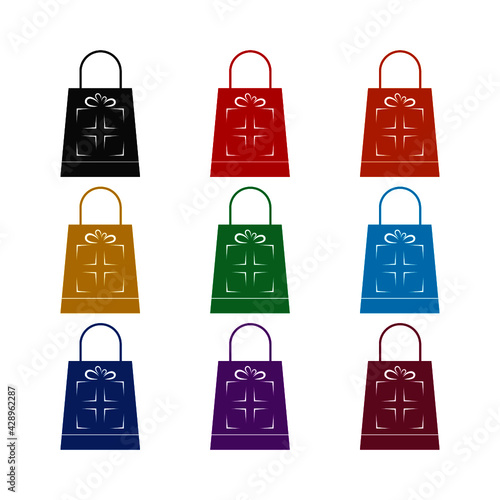 Shopping bag with gift box icon isolated on white background color set