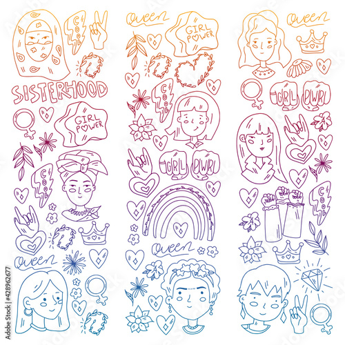 Creative pattern with vector woman. Group of african and indian girls.