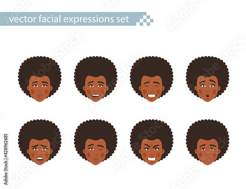 Set of African-American women's faces with different facial expressions. Vector flat design cartoon character design illustration with afro hair style on transparent background.