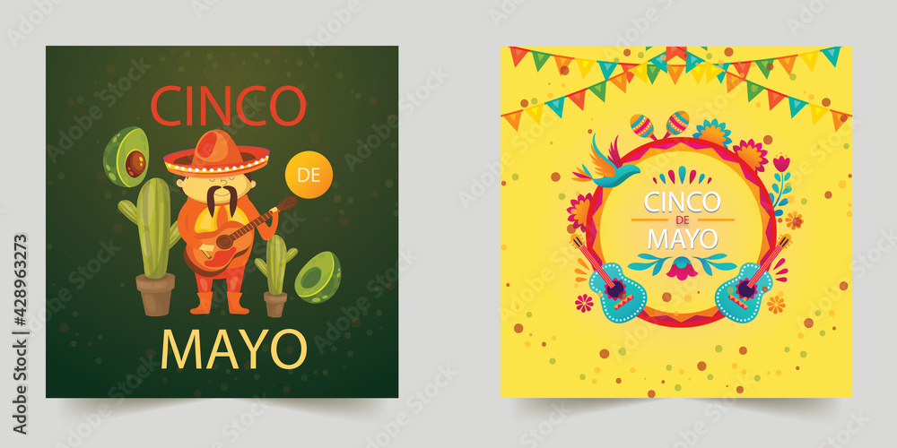 Cinco De Mayo poster template design. Mexican style rich ornamented border. Cinco de Mayo Collection posters. Vector illustration.
