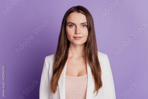 Close up portrait of charming pretty lady wear formal suit posing on violet wall