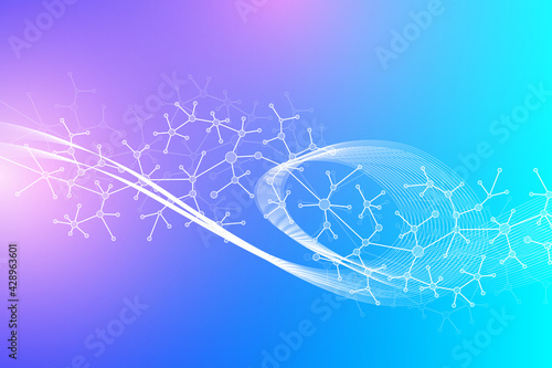 Colorful molecules background. DNA helix, DNA strand, DNA Test. Molecule or atom, neurons. Abstract structure for science or medical background, banner. Scientific illustration.