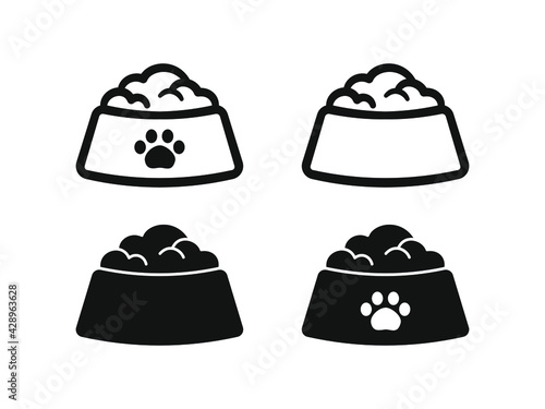 Dog, cat, animal or pet full food bowl symbol sign silhouette and outline set. Black and white logo icon flat vector clip art illustration design.