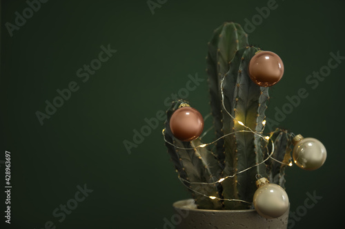 Beautiful cactus with Christmas balls and festive lights  on green background, closeup. Space for text