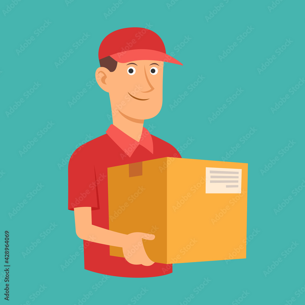 Delivery man red uniform holding box, Business delivery goods express service, Flat design for apps and websites, Vector illustration Delivery man red uniform holding box, Business delivery goods express service, Flat design for apps and websites, Vector illustration