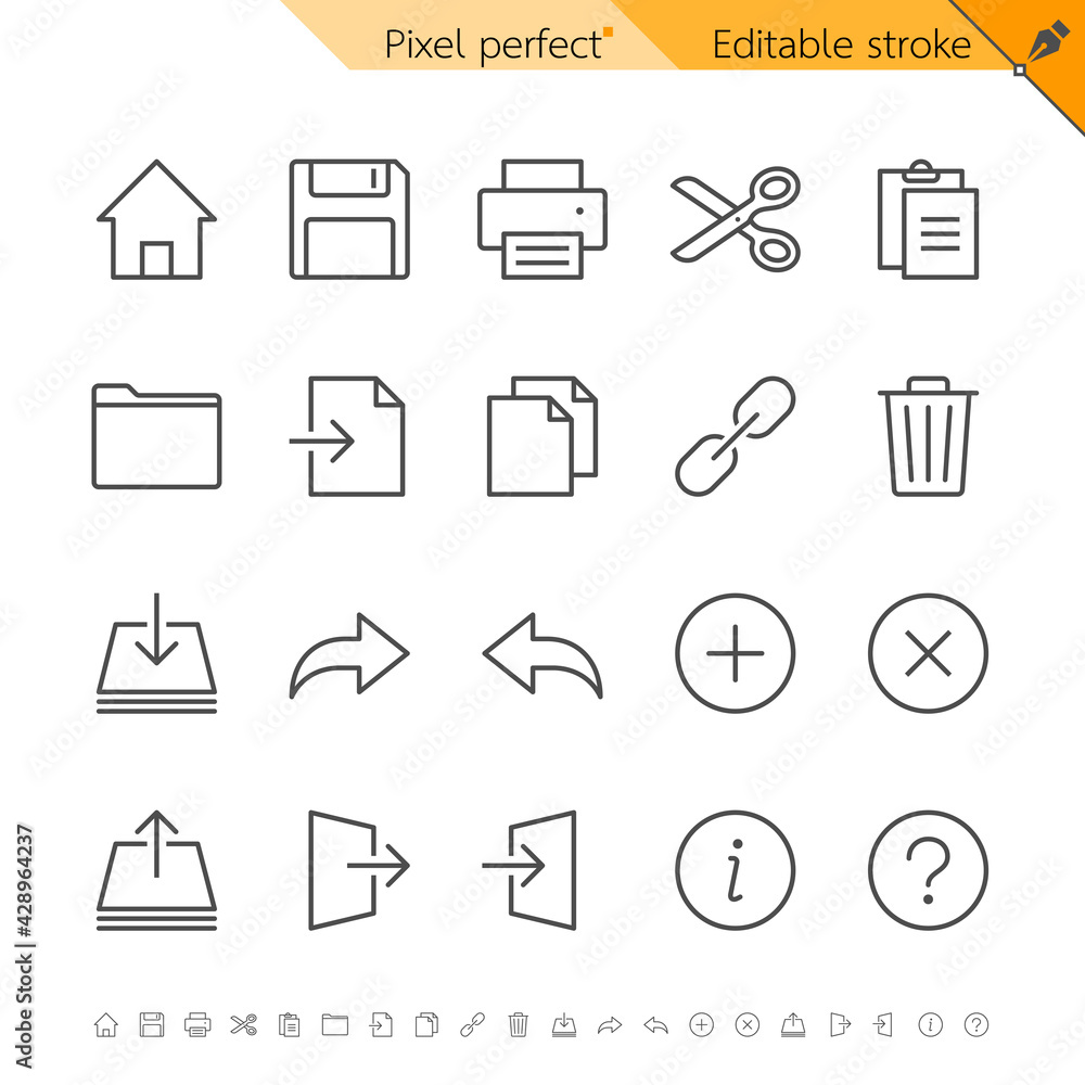 Application toolbar thin icons. Pixel perfect. Editable stroke. Application toolbar thin icons. Pixel perfect. Editable stroke.