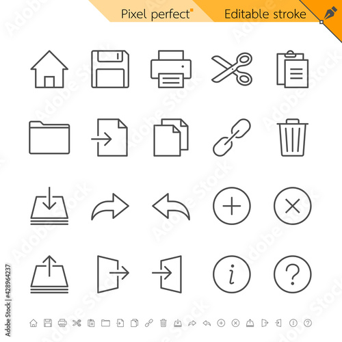 Application toolbar thin icons. Pixel perfect. Editable stroke.