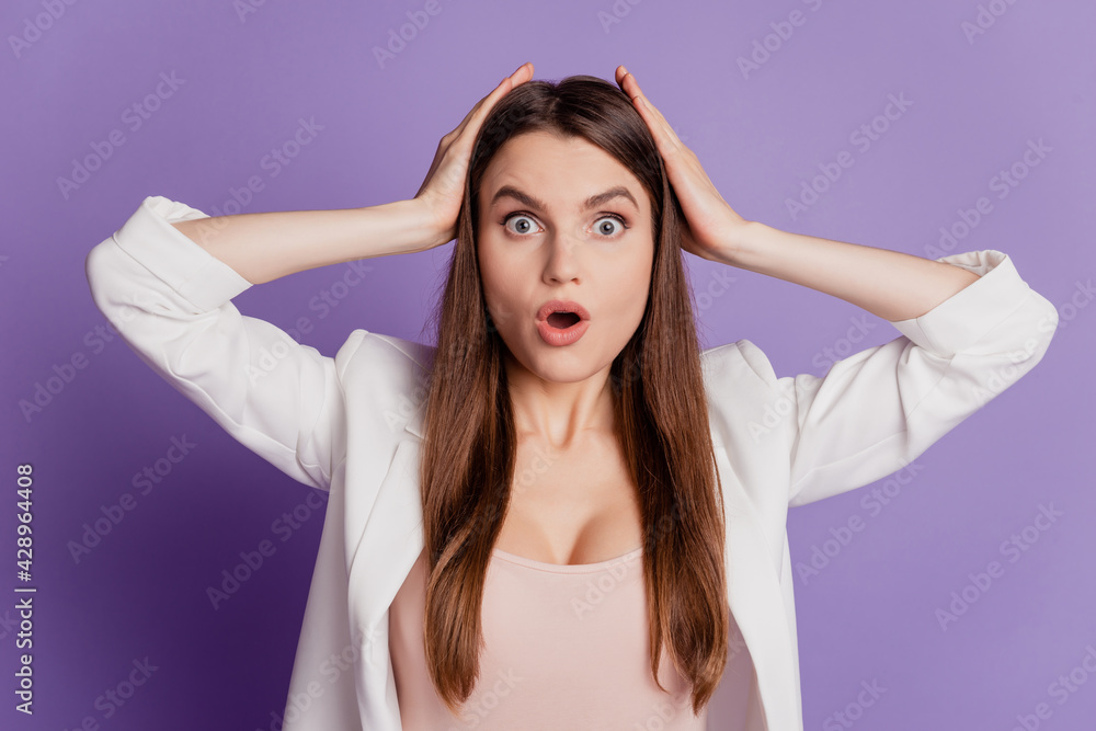 Close up portrait of lady shocked hands head open mouth wear formal suit posing on purple wall