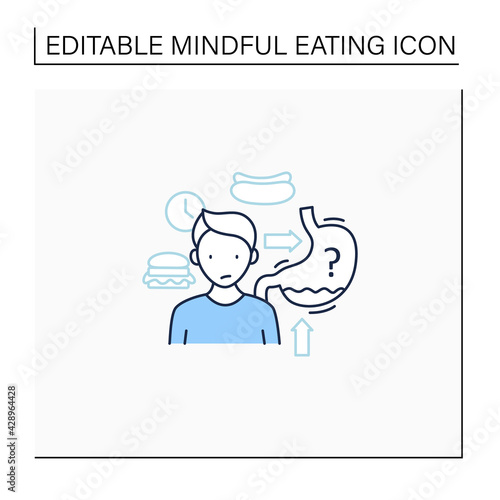 Hunger signals line icon. Hunger, growling stomach. Eating intuitively. Conscious nutrition. Mindful eating concept. Isolated vector illustration.Editable stroke