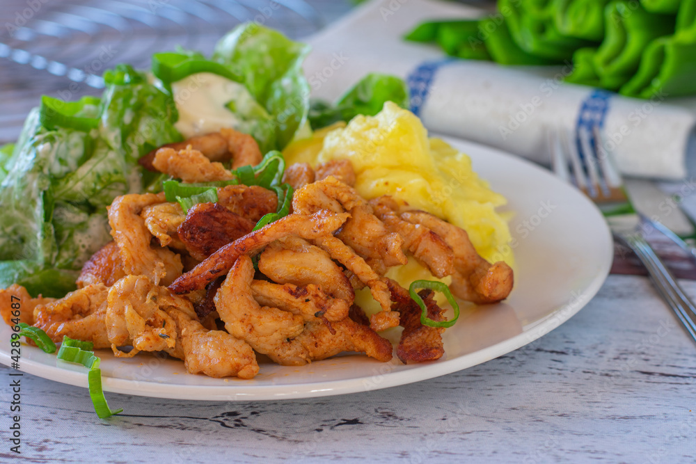 pan fried turkey meat with mashed potatoes and salad pan fried turkey meat with mashed potatoes and salad