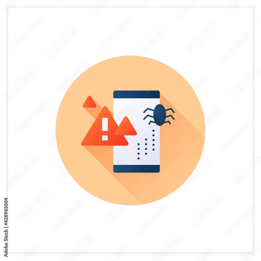 Virus notification flat icon. Virus on phone message. Error message. Exclamation pointer. Warnings concept.3d vector illustration