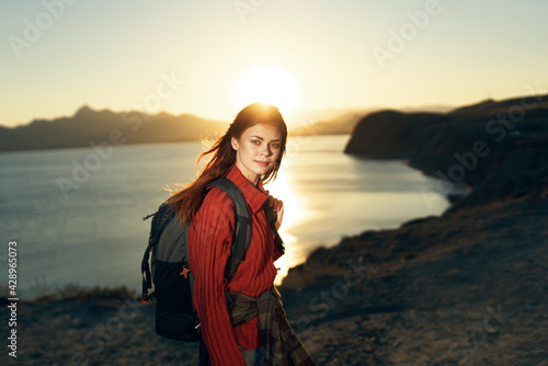 woman tourist landscape travel fresh air sunrise