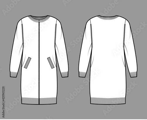 Zip-up dress cardigan Sweater technical fashion illustration with rib crew neck, long sleeves, oversized body, knit trim, pockets. Flat apparel front, back, white color. Women men unisex CAD mockup