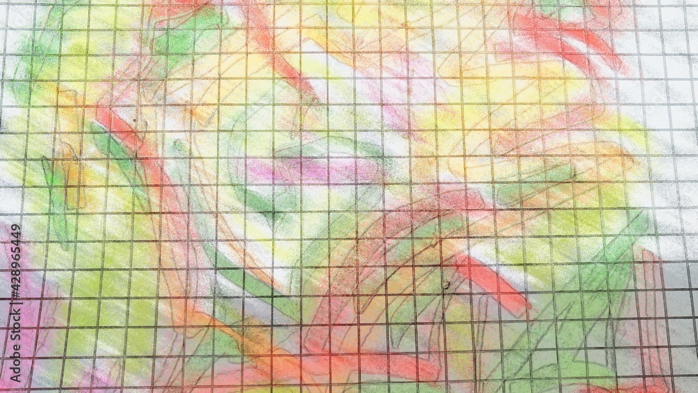 Colored abstraction in a small cell. Stylization for an abstract drawing from different lines in a blurry technique in a square matrix. The lines are of different colors, shapes and lengths.