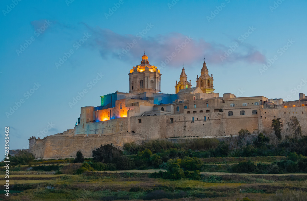 Mdina city - old capital of Malta. Evening, nature landscape. Colorful lights in the city