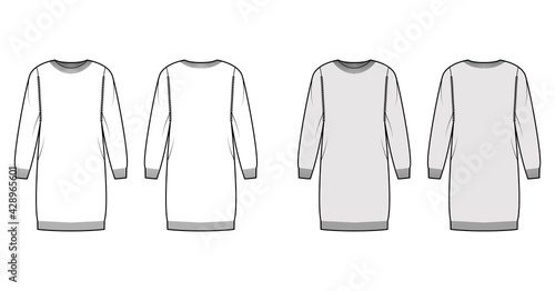 Crew neck dress Sweater technical fashion illustration with long sleeves, relax fit, knee length, knit rib trim. Flat jumper apparel front, back, white grey color style. Women, men unisex CAD mockup