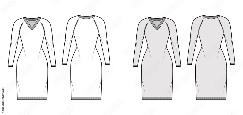 V-neck dress Sweater technical fashion illustration with long raglan sleeves, slim fit, knee length, knit rib trim. Flat jumper apparel front, back, white grey color style. Women men unisex CAD mockup V-neck dress Sweater technical fashion illustration with long raglan sleeves, slim fit, knee length, knit rib trim. Flat jumper apparel front, back, white grey color style. Women men unisex CAD mockup