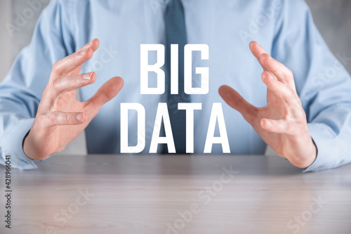 Wallpaper Mural Businessman in a suit on a dark background holds the inscription BIG DATA. Storage Network Online Server Concept.Social network or business analytics representation Torontodigital.ca