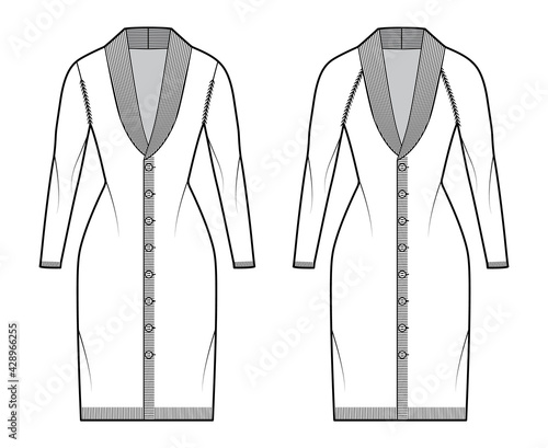 Set of Cardigans dress Shawl collar Sweater technical fashion illustration with long sleeves, slim fit, knee length, knit rib trim. Flat apparel front, back, white color. Women, men unisex CAD mockup