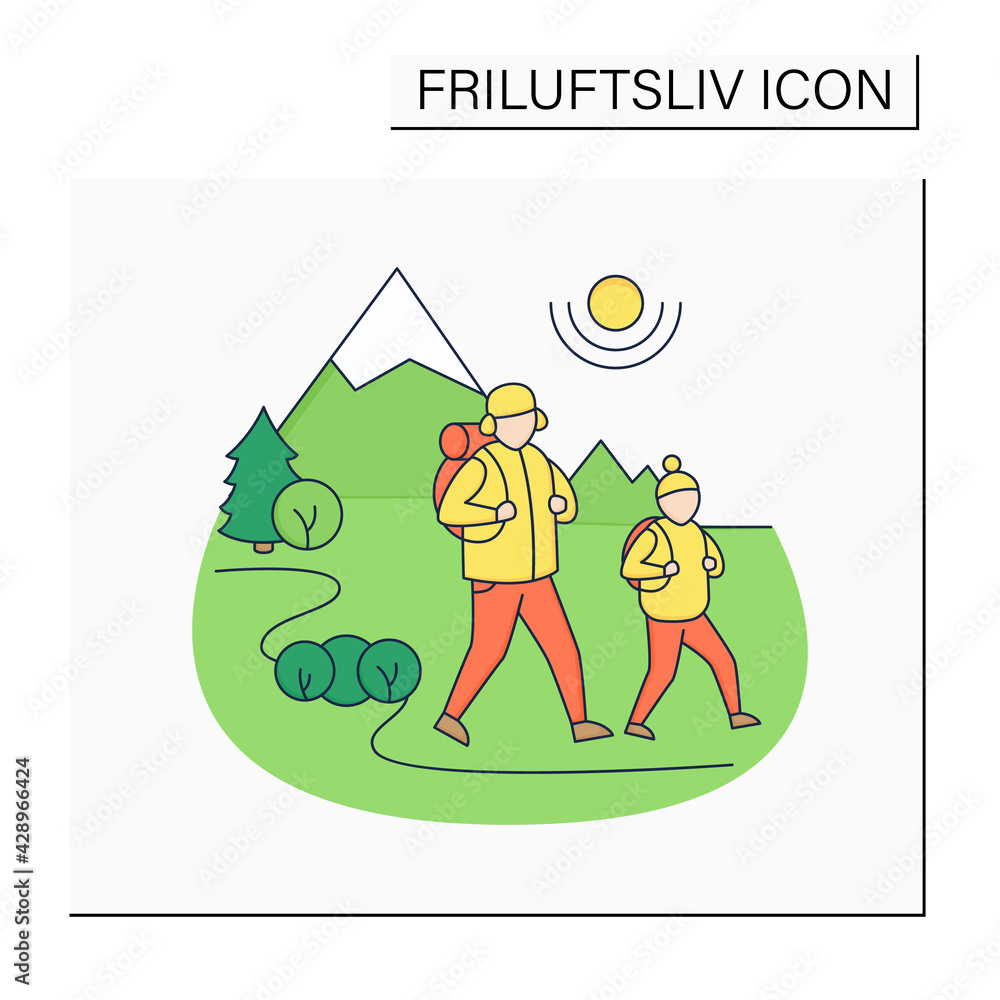 Fototapeta premium Friluftsliv color icon. Family hiking. Dad and daughter walking.Mountain landscape.Nordic outdoor activities concept.Isolated vector illustration