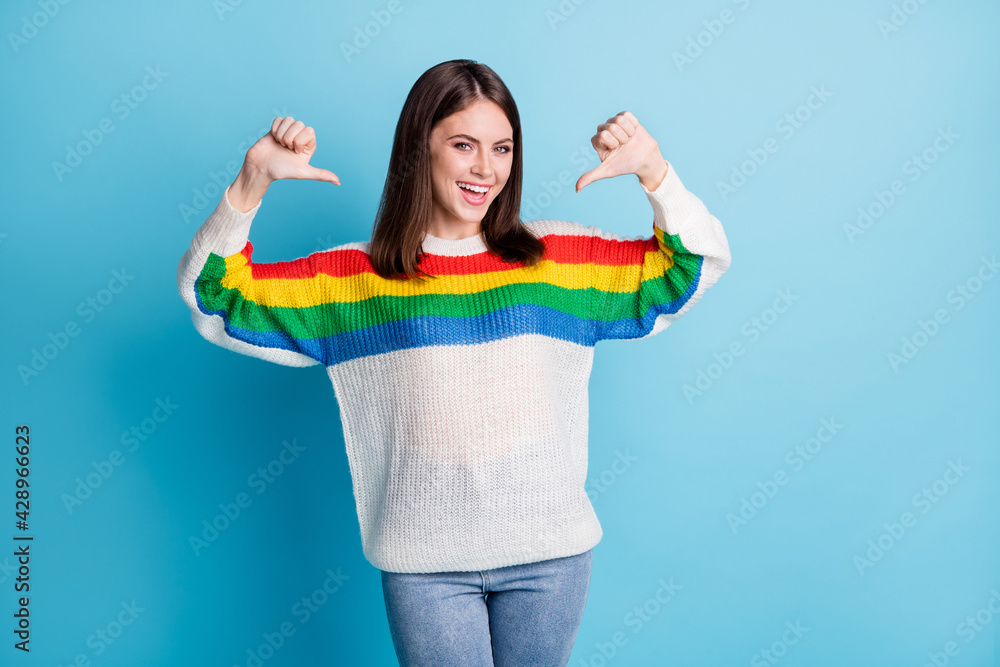 Portrait of attractive cheerful proud girl pointing at herself isolated over bright blue color background Portrait of attractive cheerful proud girl pointing at herself isolated over bright blue color background