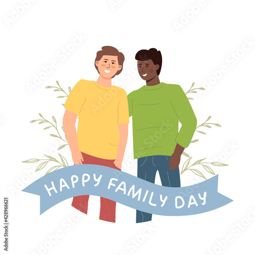 Happy family day. An Lgbt gay couple stands in an embrace. Interracial marriage.