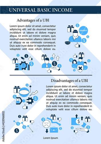 Universal basic income brochure.UBI advantages,disadvantages.Economic growth template. Flyer, magazine, poster, book cover,booklet.Global economy infographic concept.Layout illustration page with icon
