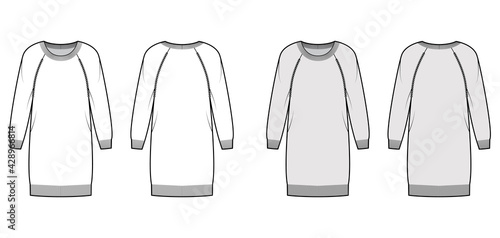 Round neck dress Sweater technical fashion illustration with raglan sleeves, oversize body, knee length, rib trim. Flat jumper apparel front, back, white, grey color style. Women men unisex CAD mockup
