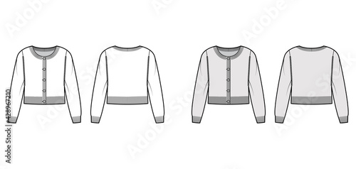 Round neck cropped cardigan sweater technical fashion illustration with long sleeves, oversized body, knit rib cuff. Flat jumper apparel front, back, white grey color style. Women, unisex CAD mockup