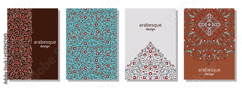 Set of vertical arabesque floral banners. Branches with flowers, leaves and petals