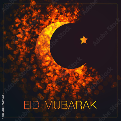 Ramadan Kareem or Eid Mubarak - Dark Greeting Card Design for Muslim Community Festival with Night Sky and  Golden Crescent Moon