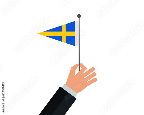Person holding the flag of the Swedish. Swedish flag icon.