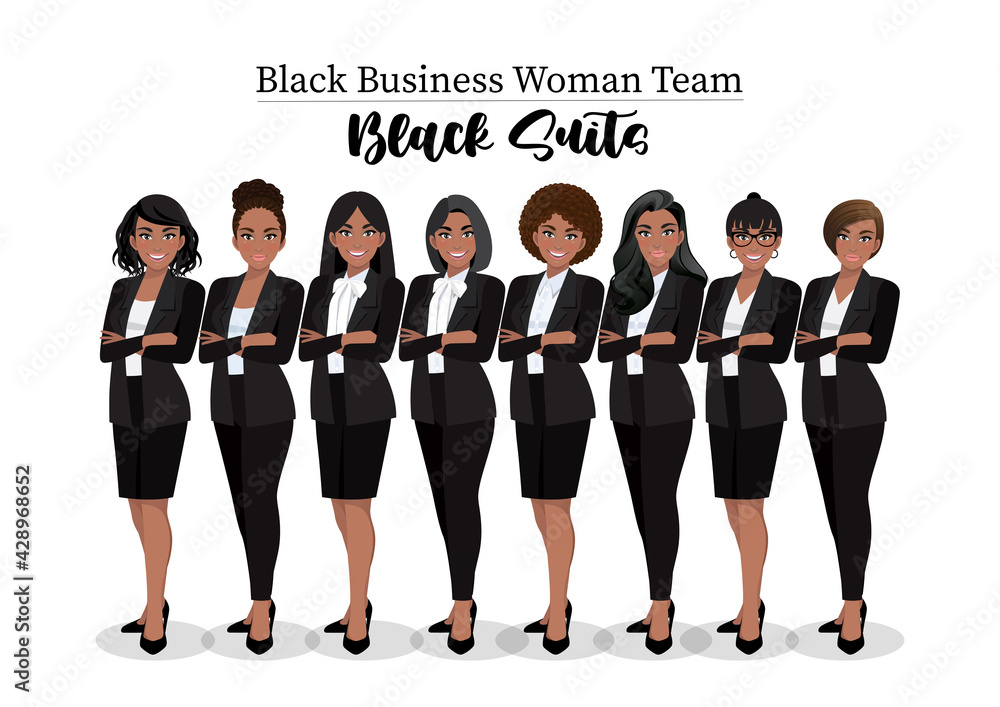 Obraz premium Black businesswoman or American African female character crossed arms pose in black suit vector illustration.