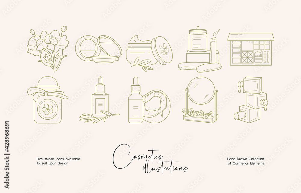 Set of hand drawn line art illustrations of cosmetics and flowers. Suit to brand identity, logo design
