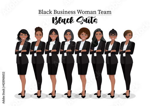 Black businesswoman or American African female character crossed arms pose in black suit vector illustration.