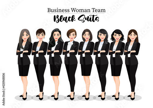 Businesswoman or Female character crossed arms pose in black suit vector illustration.