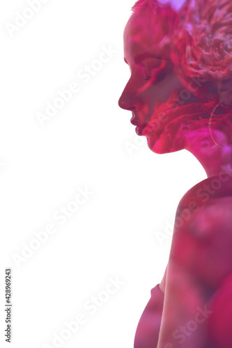 Double exposure silhouette. Natural skincare. Organic cosmetology. Spa therapy. Magenta pink abstract rose floral petal texture profile female portrait isolated on white empty space background.