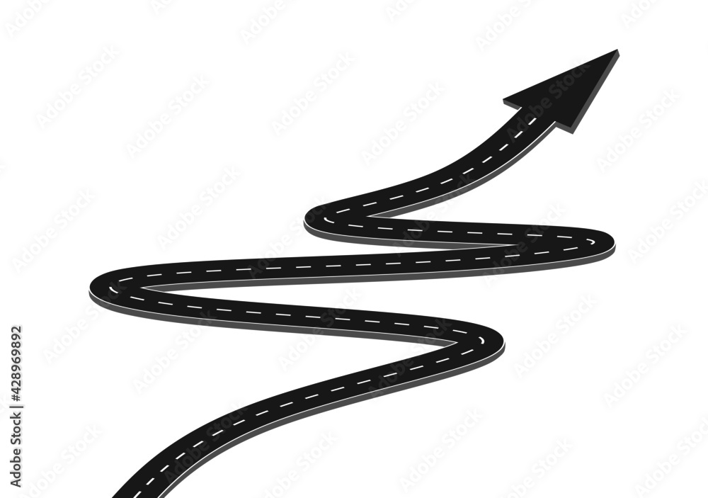 Roadway journey to the future. Asphalt street isolated on white background. Symbols Way to the goal of the end point. Path mean successful business planning Suitable for advertising and presentstation Roadway journey to the future. Asphalt street isolated on white background. Symbols Way to the goal of the end point. Path mean successful business planning Suitable for advertising and presentstation