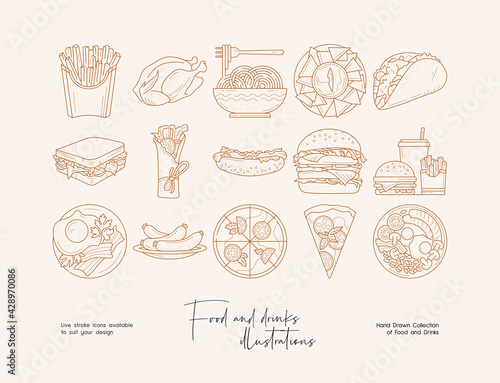 Set of hand drawn line art illustrations of fast food. Suit to brand identity, logo design 