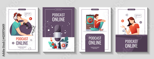 Set of promo flyers for Podcast, Streaming, Online show, blogging, radio broadcasting. A4 vector illustration for poster, banner, advertising.