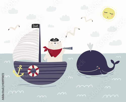 Cute bear pirate on a ship, sailboat, whale, gulls. Childish sea, ocean landscape. Hand drawn vector illustration. Scandinavian style flat design. Concept for nautical kids print, poster, wallpaper.