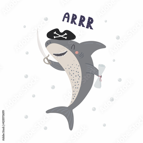 Cute pirate shark in hat, with saber, map, quote Arrr, isolated on white. Hand drawn vector illustration. Scandinavian style flat design. Concept for kids nautical fashion, textile print, poster, card