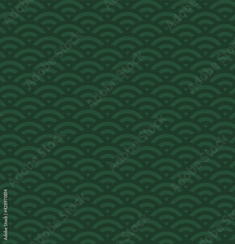 Traditional oriental ocean waves abstract geometric seamless pattern, dark and light green background. Eastern style vector illustration. Design concept Asian holiday print, packaging, wrapping paper.
