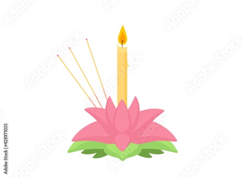 Flower with candle and incense sticks krathong template. Traditional Thai festival light with dipping red petals aromatherapy for relaxation positive vector mood.