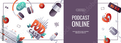 Promo banner for Podcast, Streaming, Online show, blogging, radio broadcasting. Microphone, headphones, music control, podcast sign. Vector illustration for poster, banner, advertising.