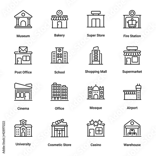 Buildings Outline Icons - Stroked, Vectors