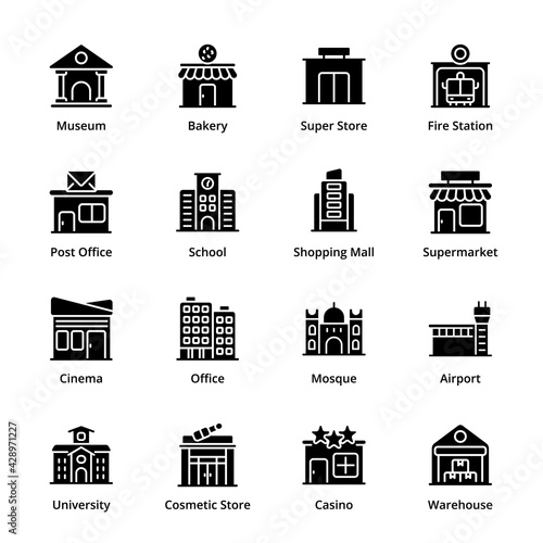 Buildings Glyph Icons - Solid, Vectors